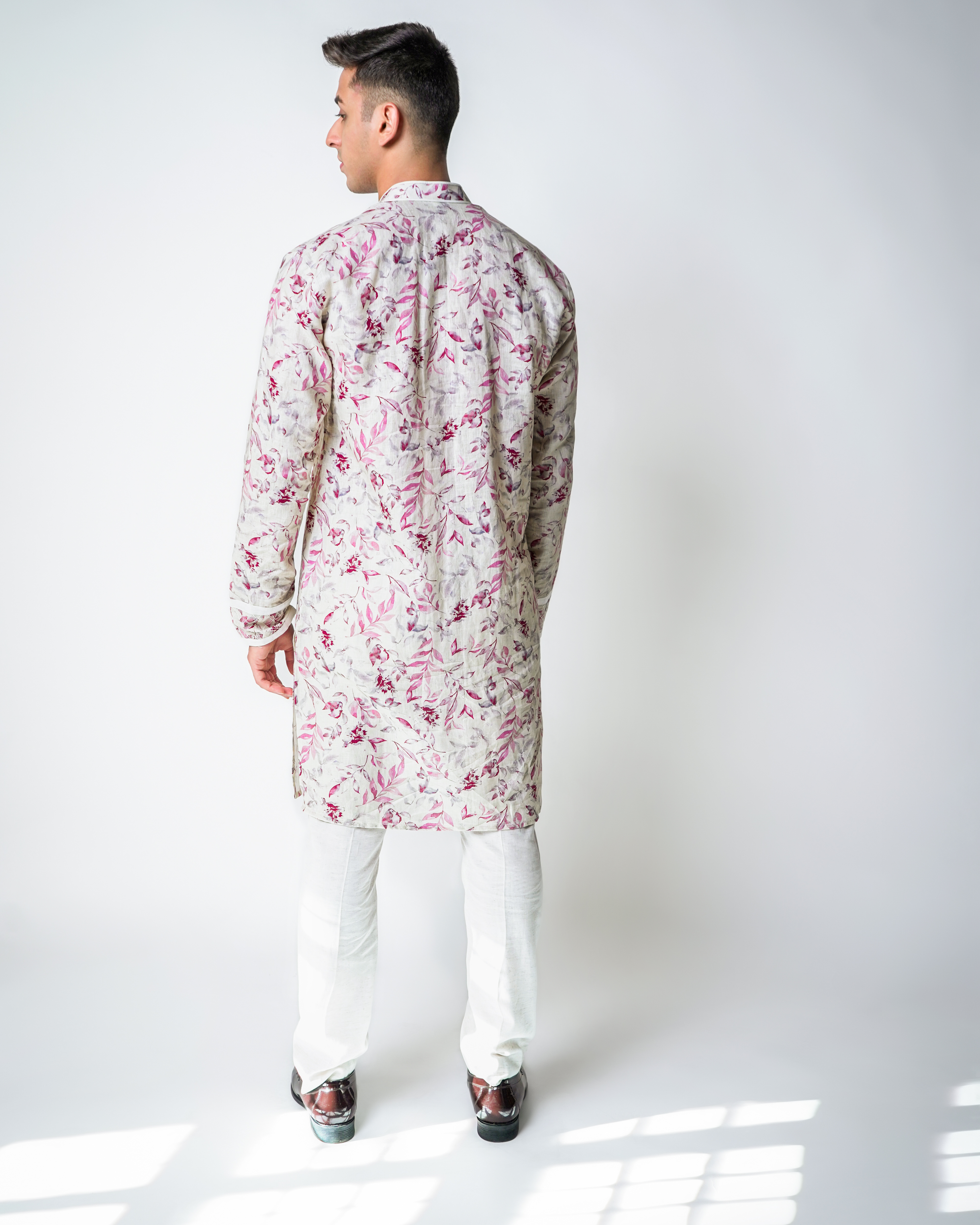 Cream floral printed linen quilted with piping kurta set