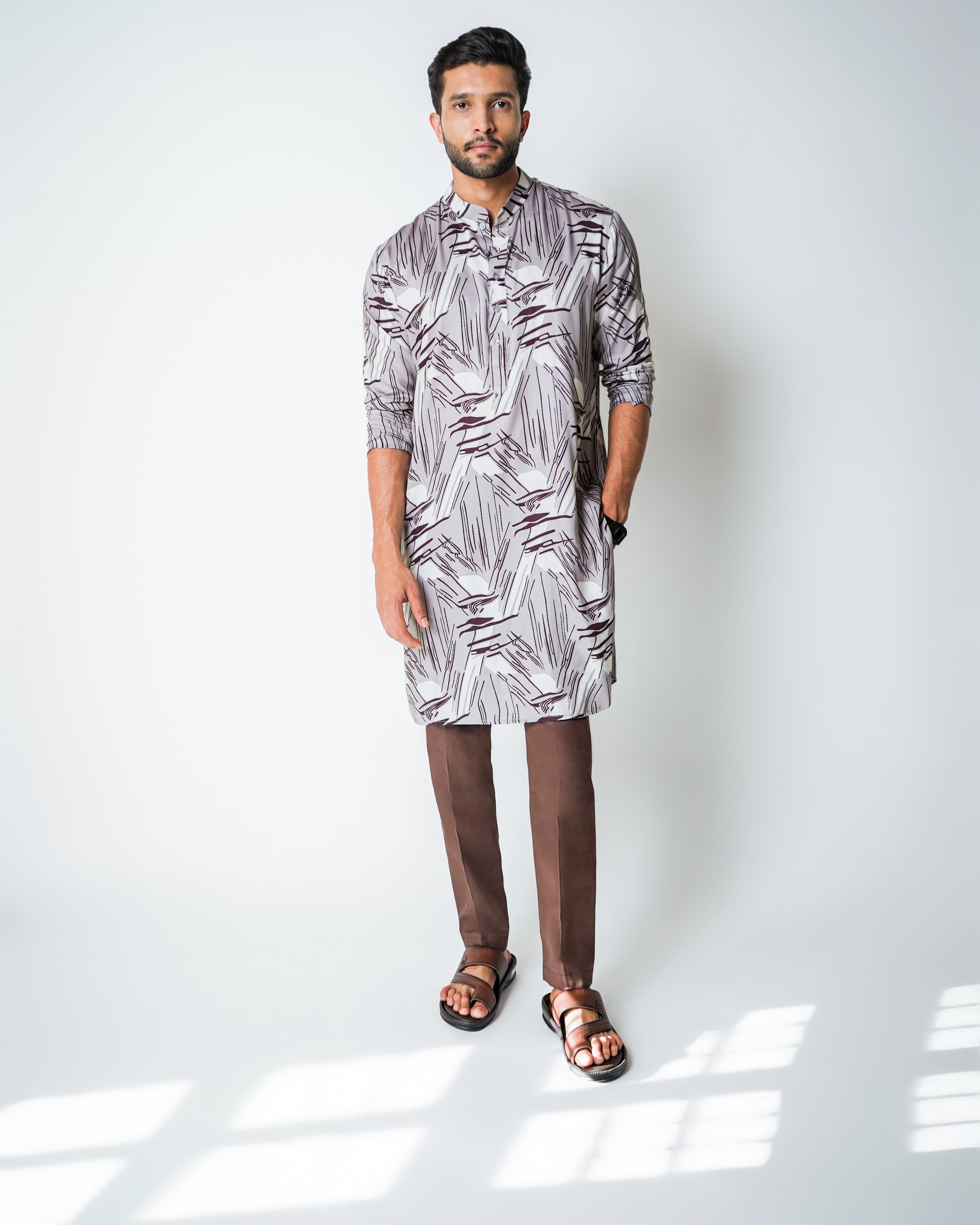 Brown and cream tencel printed kurta set