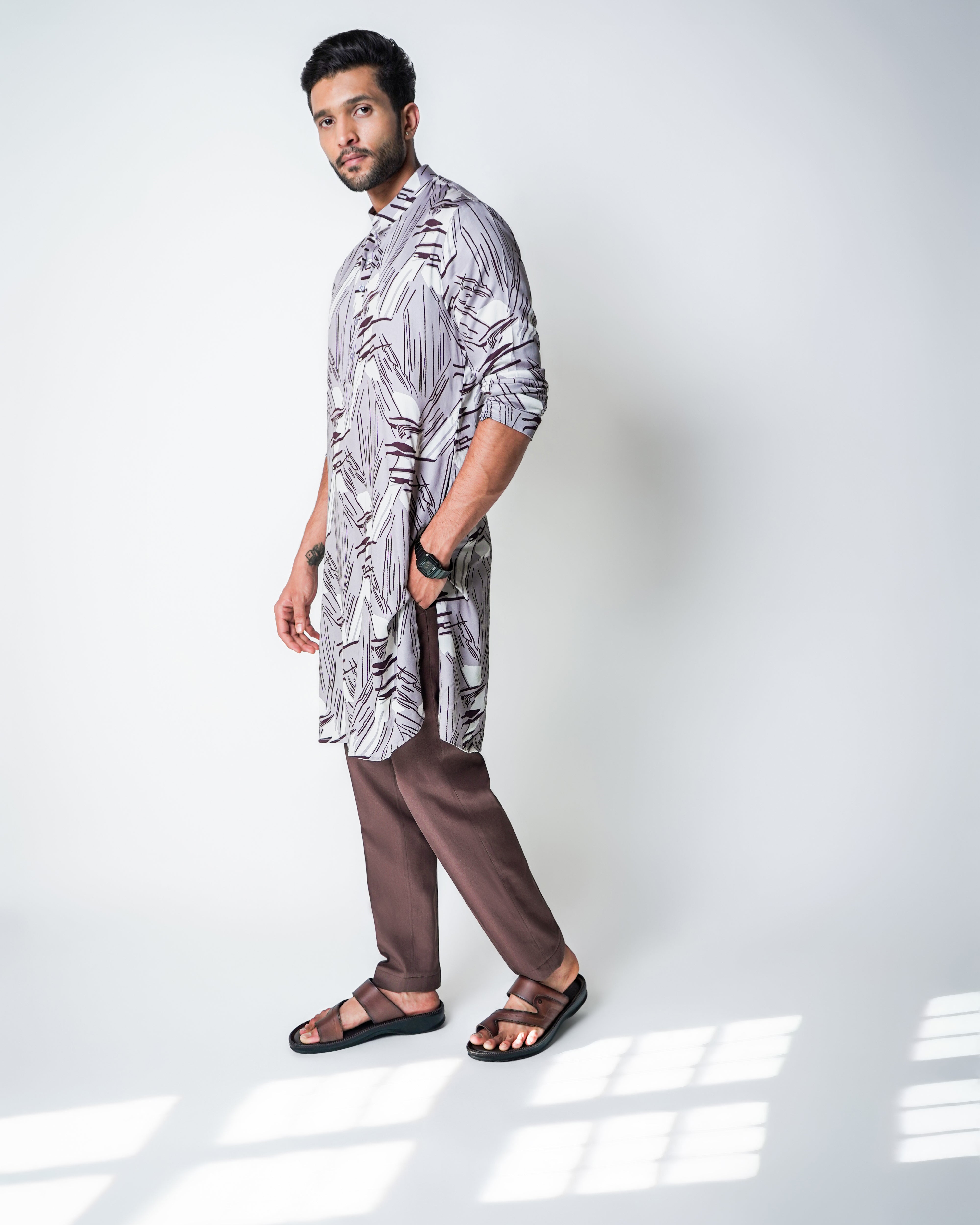 Brown and cream tencel printed kurta set