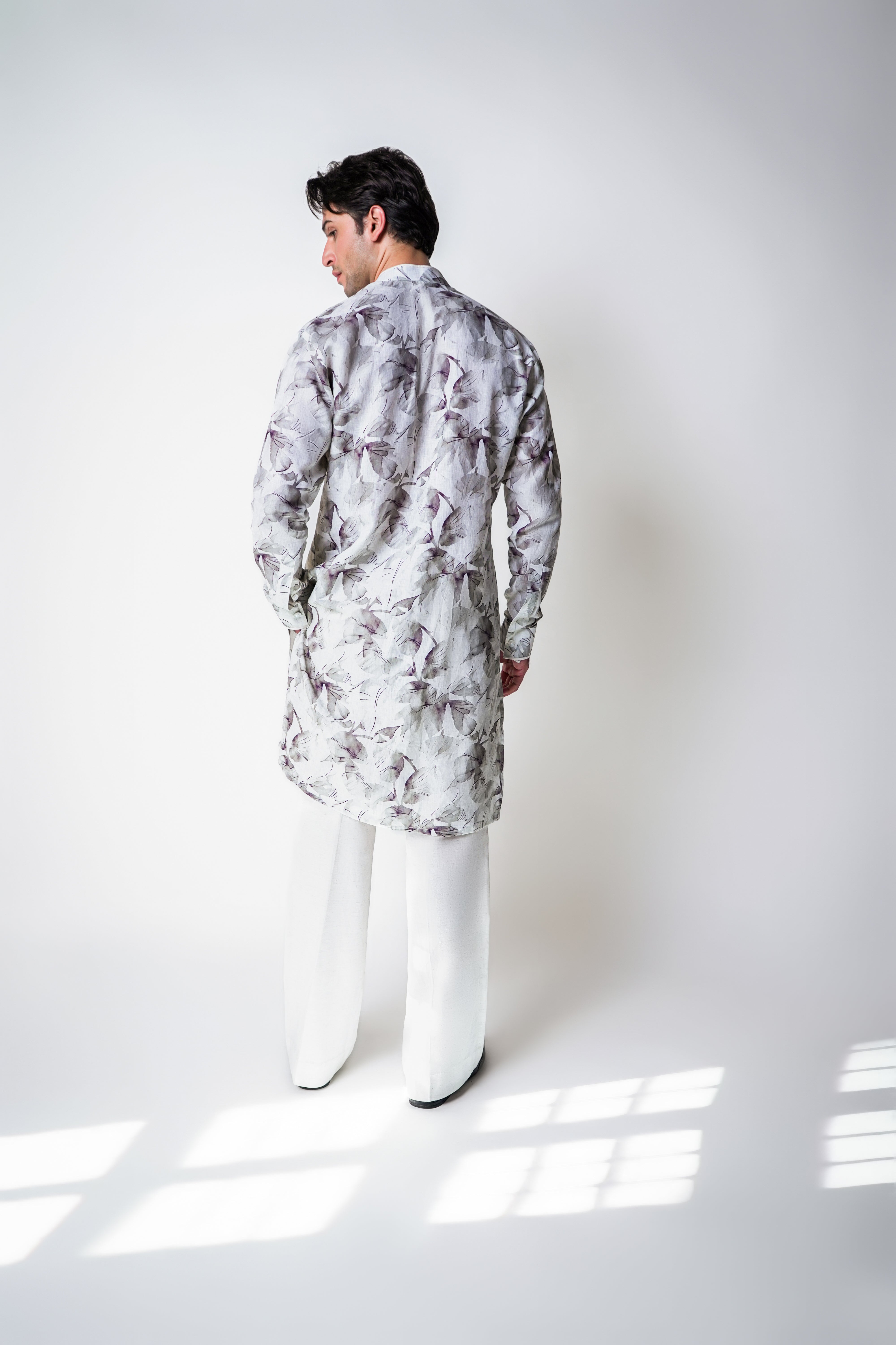 Cream and grey floral printed linen with piping kurta set