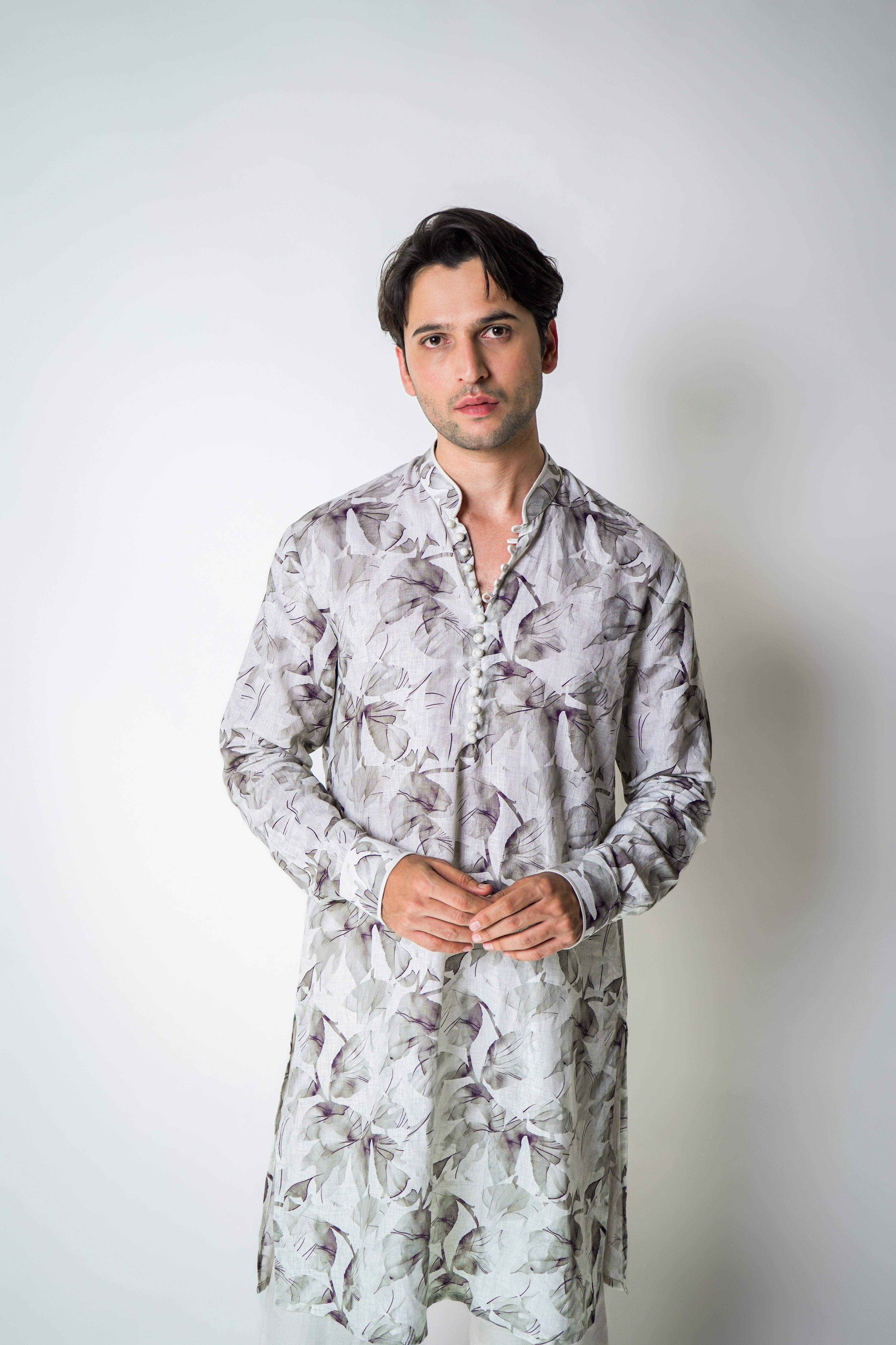Cream and grey floral printed linen with piping kurta set