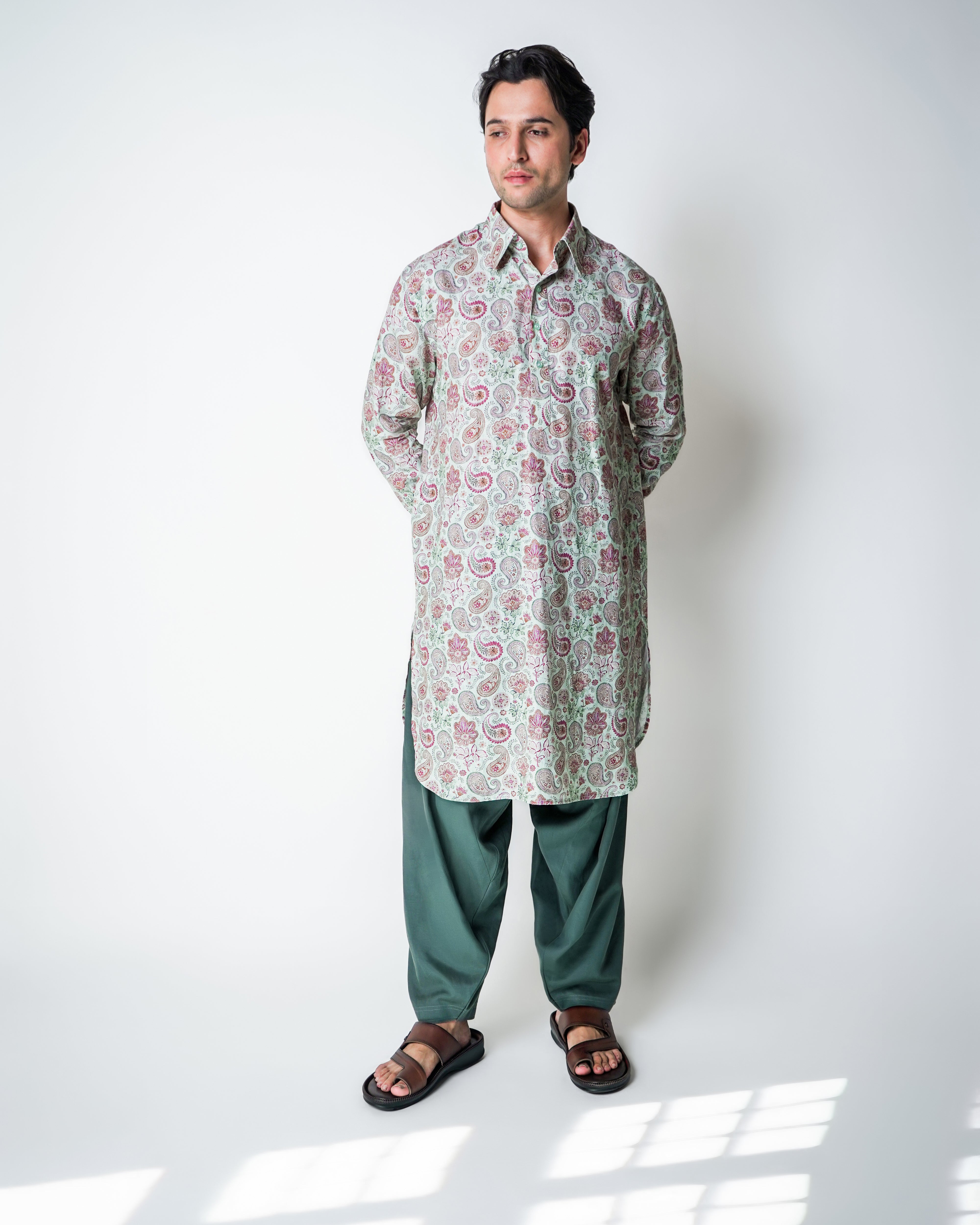 Light green Linen pink floral printed kurta set