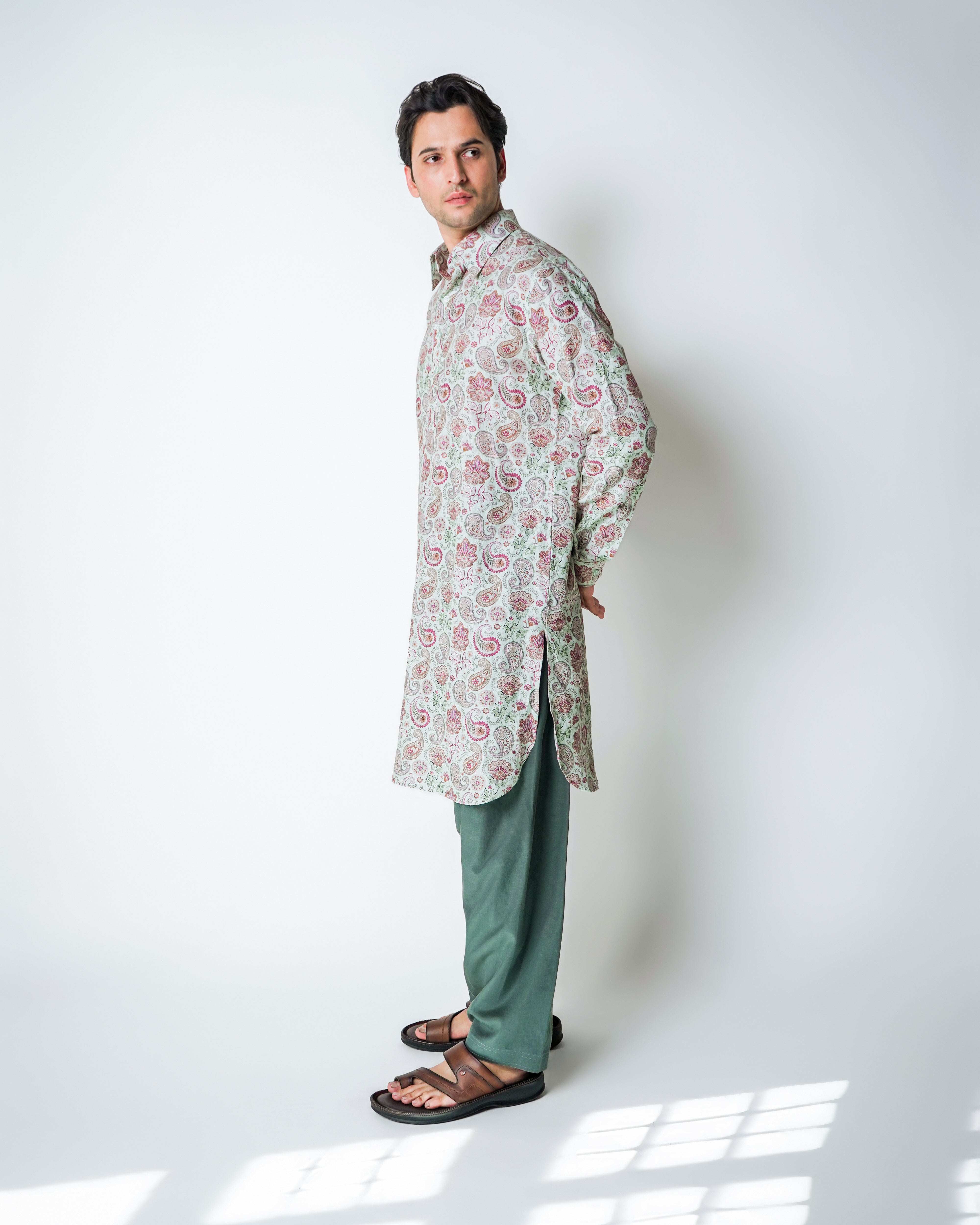 Light green Linen pink floral printed kurta set