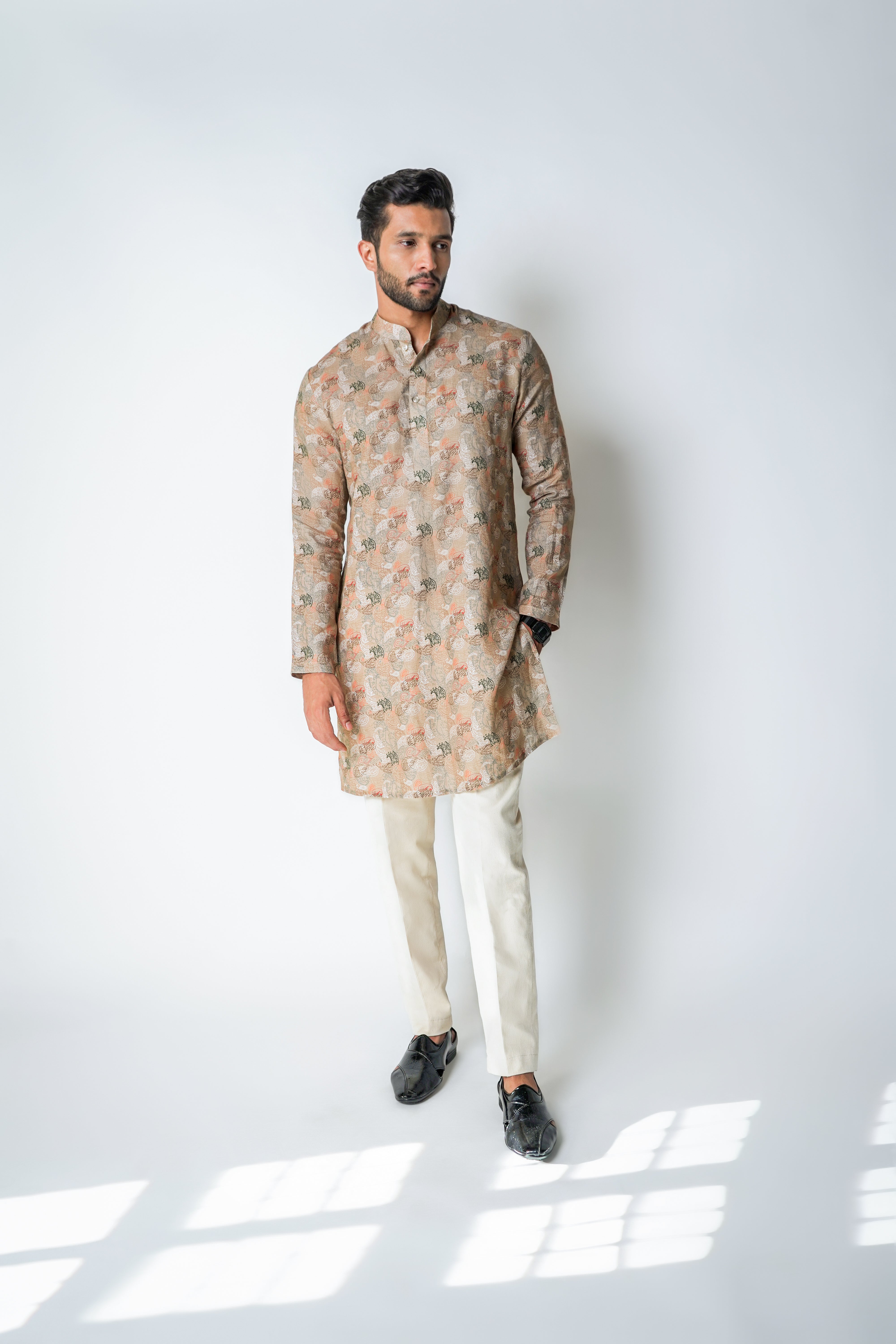 Cream and Rust Printed Linen kurta set