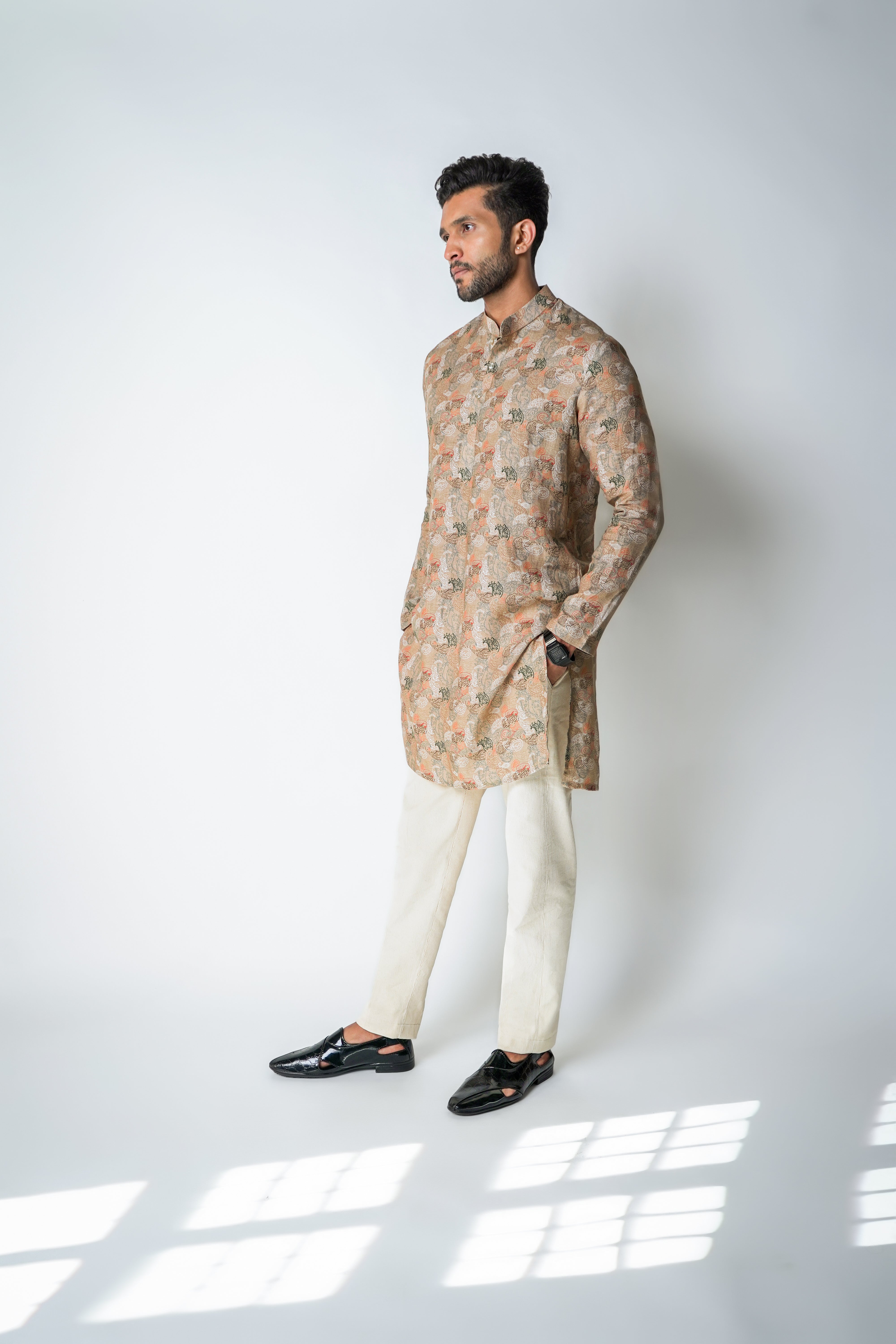 Cream and Rust Printed Linen kurta set