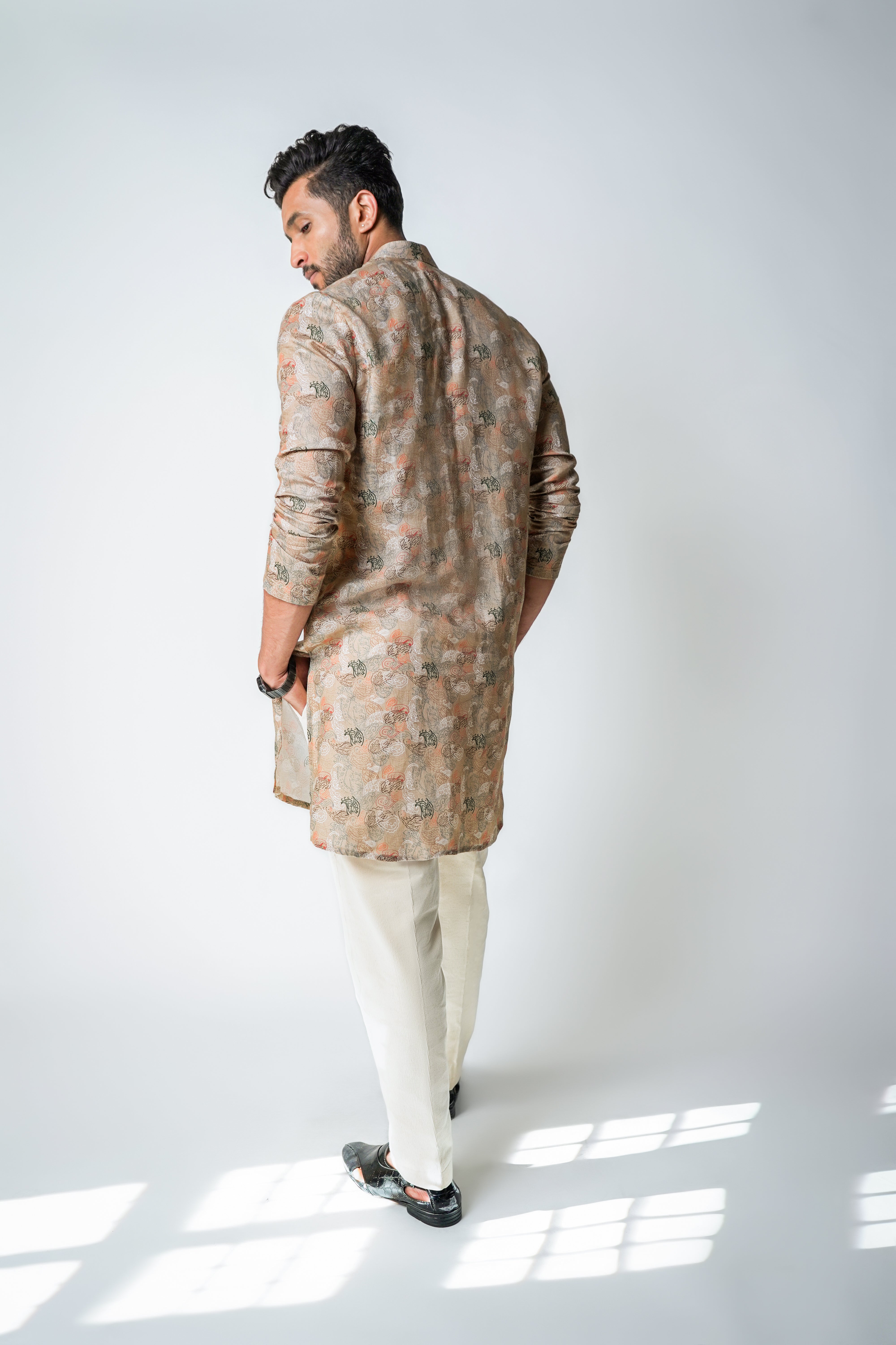 Cream and Rust Printed Linen kurta set